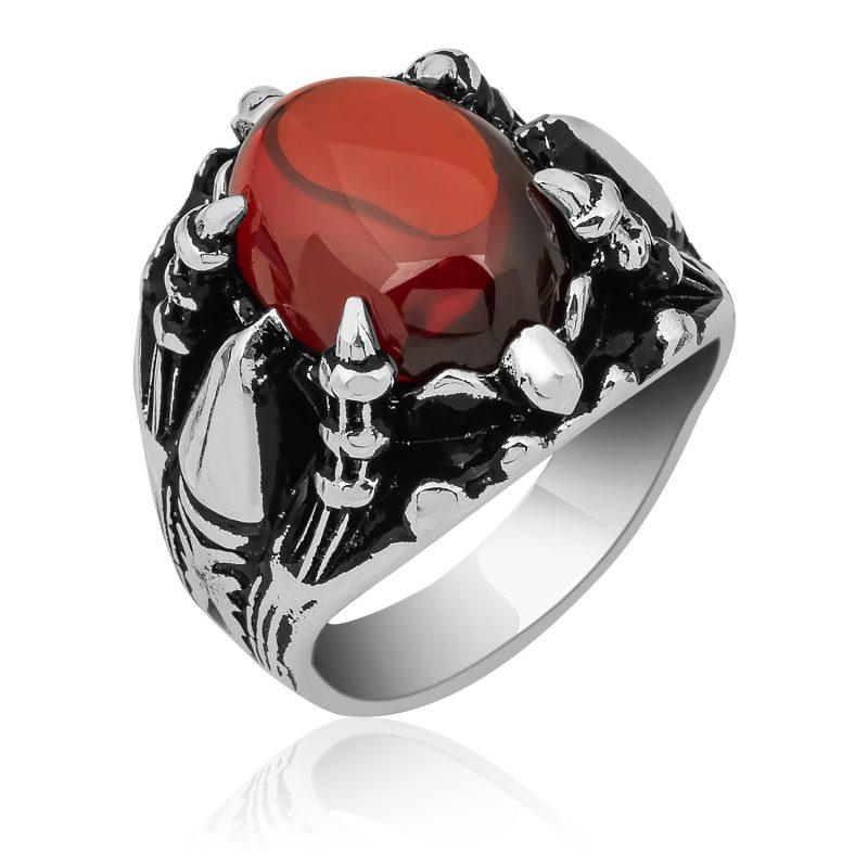 Pençe Model Garnet Taşlı Gümüş Erkek Yüzük DZG1158