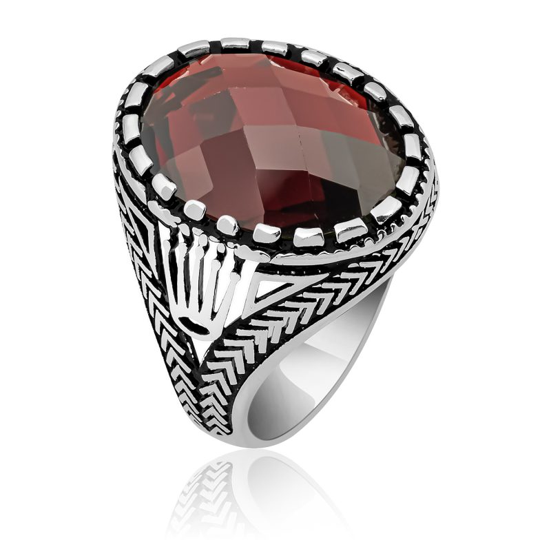 Faset Kesim Garnet Taşlı Gümüş Erkek Yüzük DZG1168
