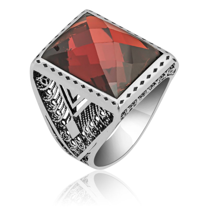 Faset Kesim Garnet Taşlı Gümüş Erkek Yüzük DZG1180