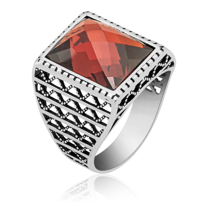 Faset Kesim Garnet Taşlı Gümüş Erkek Yüzük DZG1171
