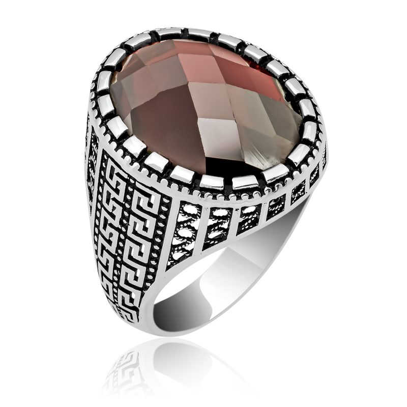 Faset Kesim Garnet Taşlı Gümüş Erkek Yüzük DZG1161