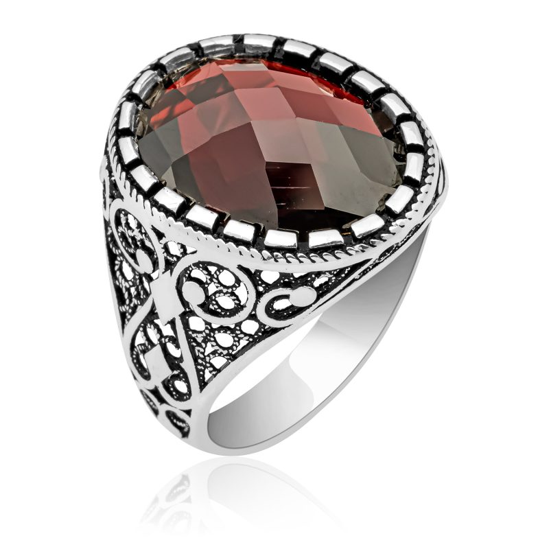 Faset Kesim Garnet Taşlı Gümüş Erkek Yüzük DZG1165