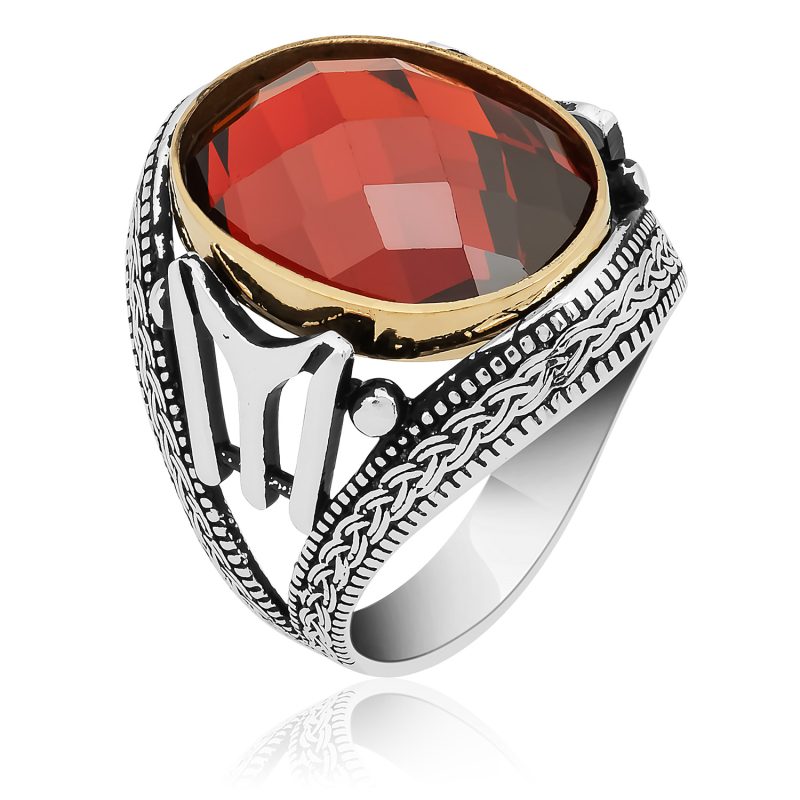 Faset Kesim Garnet Taşlı İyi Gümüş Erkek Yüzük DZG1205