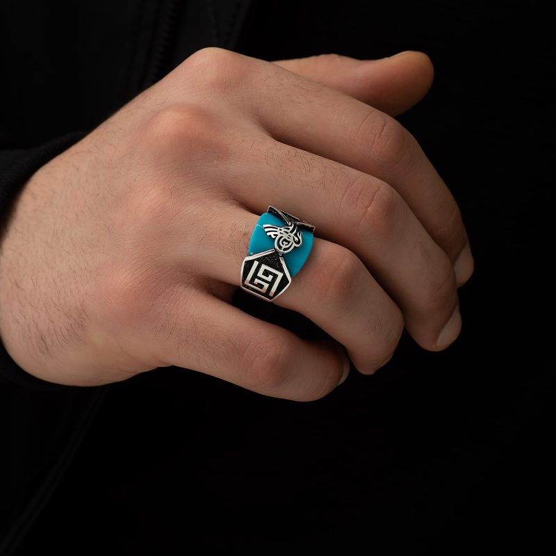Turkuaz Taşlı Osmanlı Tuğralı Gümüş Erkek Yüzük DZG1141 - Görsel 2