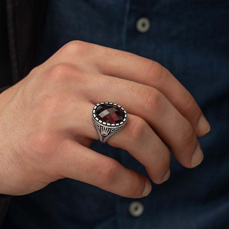 Faset Kesim Garnet Taşlı Gümüş Erkek Yüzük DZG1168 - Görsel 3